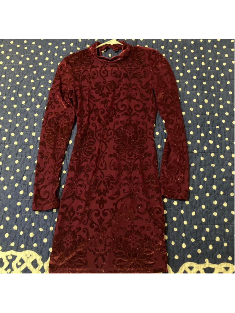 Burgundy velvet sheer long sleeve dress by IRIS with stretchy fabric and an open